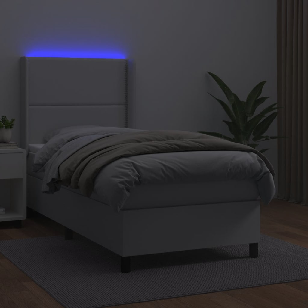 vidaXL Pat cu arcuri, saltea și LED, alb, 90x190 cm, piele ecologică