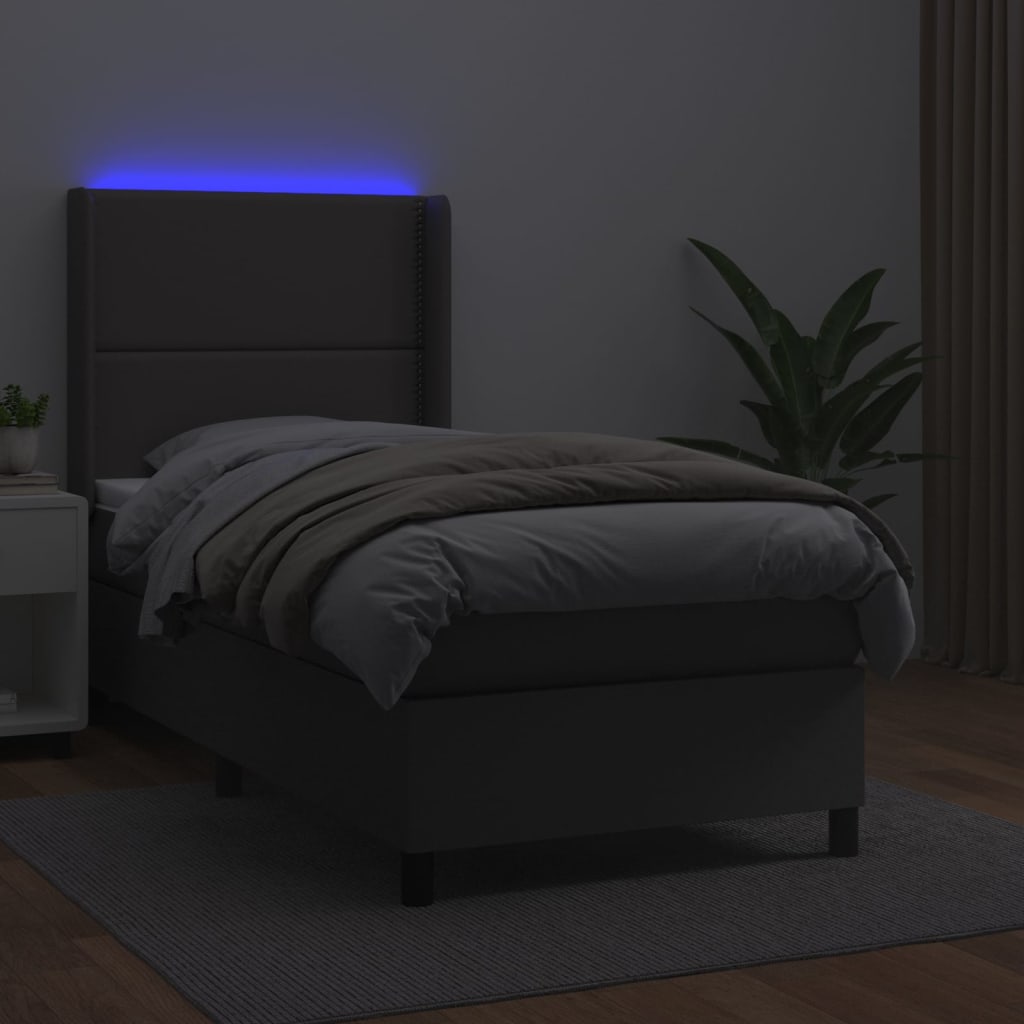 vidaXL Pat cu arcuri, saltea și LED, gri, 90x190 cm, piele ecologică
