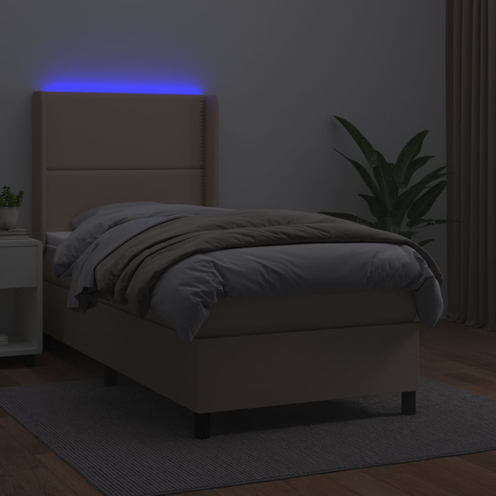 vidaXL Pat cu arcuri, saltea și LED, cappuccino, 90x190 cm, piele eco