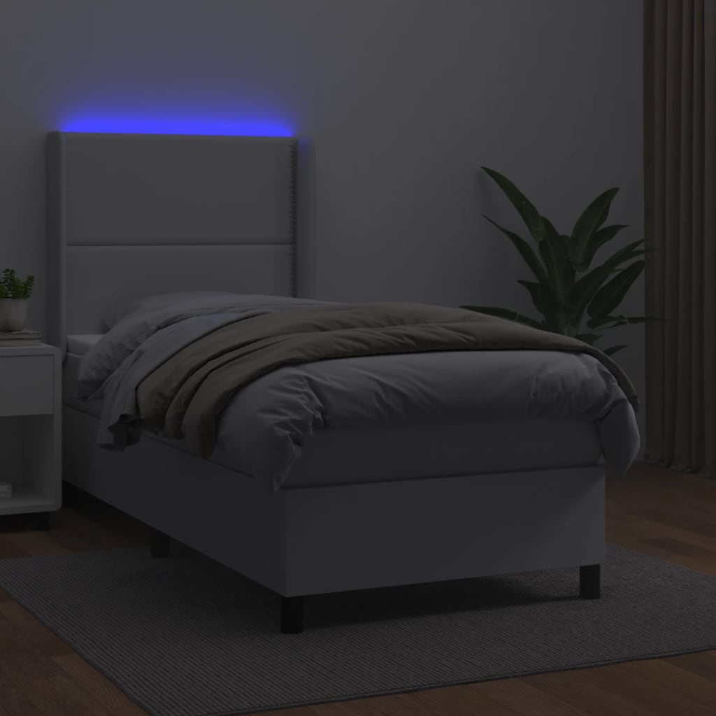 vidaXL Pat cu arcuri, cu saltea și LED, alb, 90x200 cm, piele eco vidaXL Pat cu arcuri, cu saltea și LED, alb, 90x200 cm, piele eco