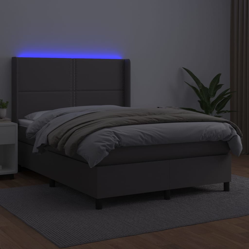 vidaXL Pat cu arcuri, cu saltea & LED, gri, 140x190 cm, piele eco vidaXL Pat cu arcuri, cu saltea & LED, gri, 140x190 cm, piele eco