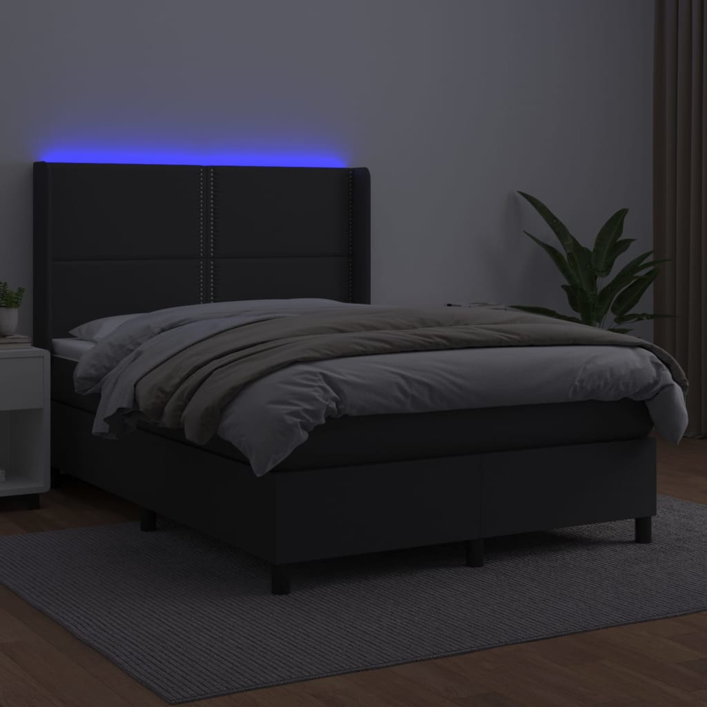 vidaXL Pat cu arcuri, saltea și LED, negru, 140x200 cm, piele eco vidaXL Pat cu arcuri, saltea și LED, negru, 140x200 cm, piele eco