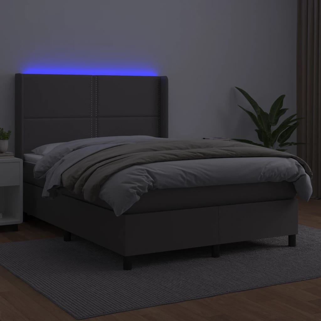 vidaXL Pat cu arcuri, saltea și LED, gri, 140x200 cm, piele eco