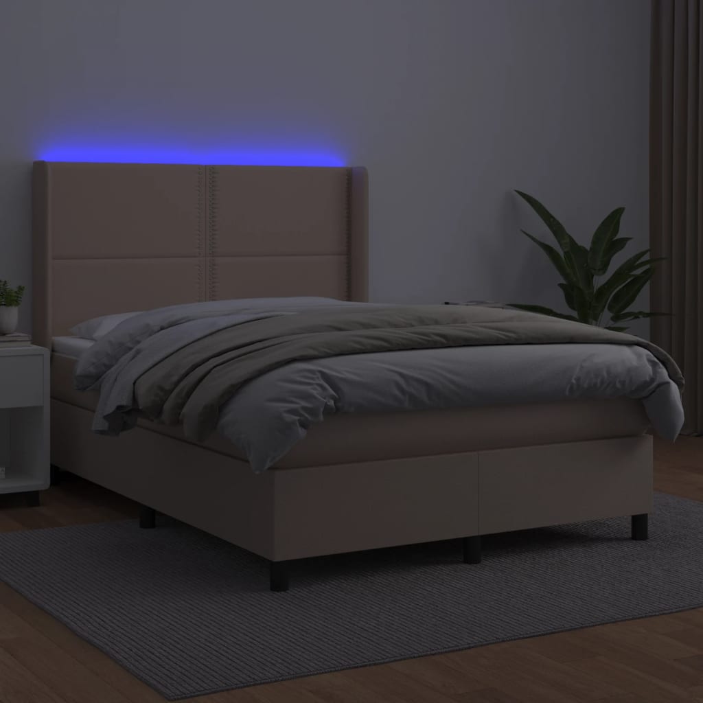 vidaXL Pat cu arcuri, saltea și LED, cappuccino, 140x200cm, piele eco