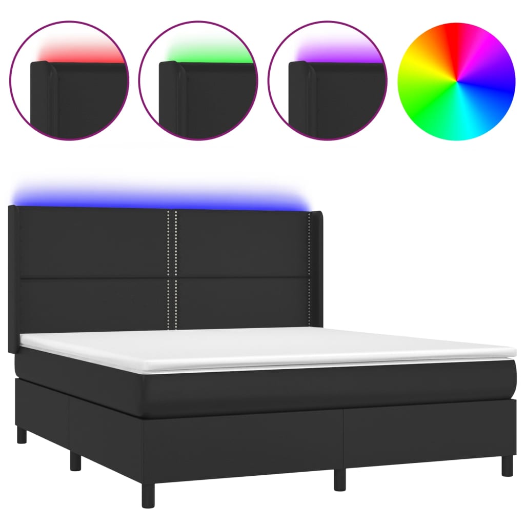 vidaXL Pat cu arcuri, saltea și LED, negru, 160x200cm, piele ecologică