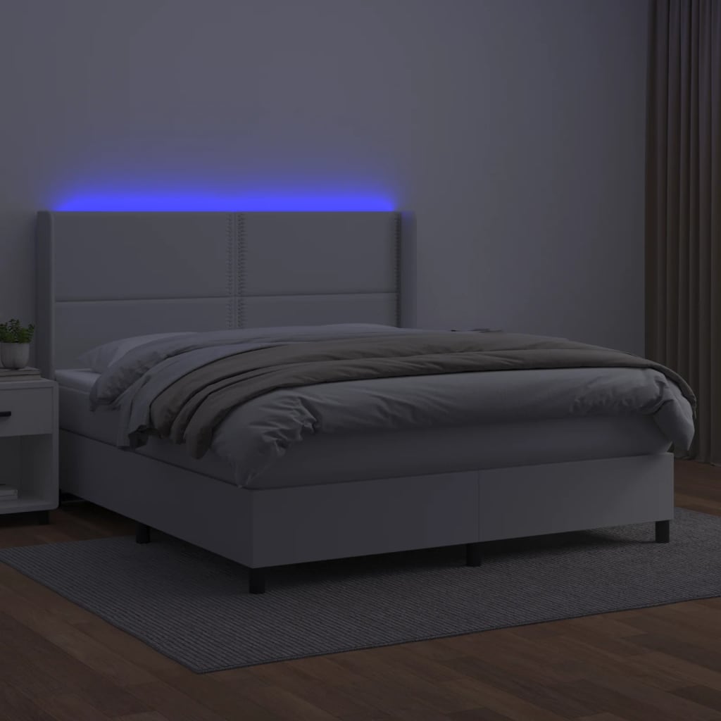 vidaXL Pat cu arcuri, saltea și LED, alb, 160x200 cm, piele ecologică