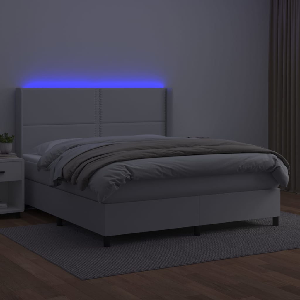 vidaXL Pat cu arcuri, saltea și LED, alb, 180x200 cm, piele ecologică