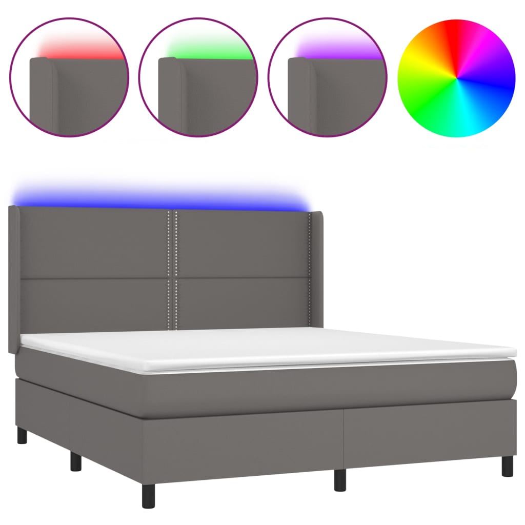vidaXL Pat cu arcuri, saltea și LED, gri, 180x200 cm, piele ecologică