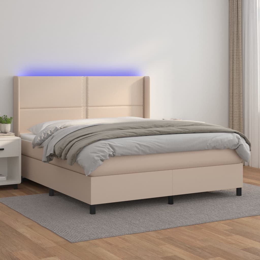 vidaXL Pat cu arcuri, cu saltea și LED cappuccino 180x200 cm piele eco vidaXL Pat cu arcuri, cu saltea și LED cappuccino 180x200 cm piele eco