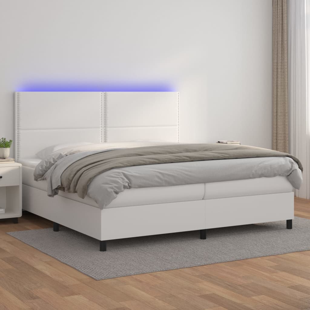 vidaXL Pat cu arcuri, saltea și LED, alb, 200x200 cm, piele ecologică vidaXL Pat cu arcuri, saltea și LED, alb, 200x200 cm, piele ecologică