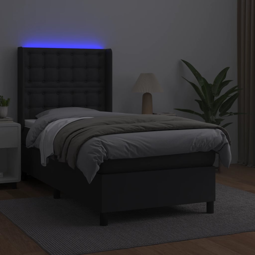 vidaXL Pat cu arcuri, saltea și LED, negru, 80x200 cm, piele ecologică