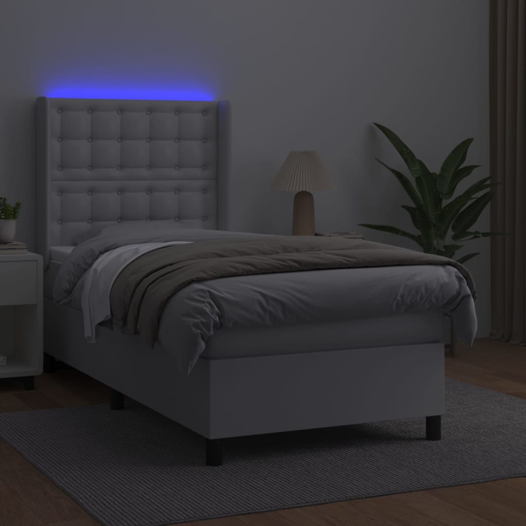 vidaXL Pat cu arcuri, saltea și LED, alb, 90x190 cm, piele ecologică vidaXL Pat cu arcuri, saltea și LED, alb, 90x190 cm, piele ecologică