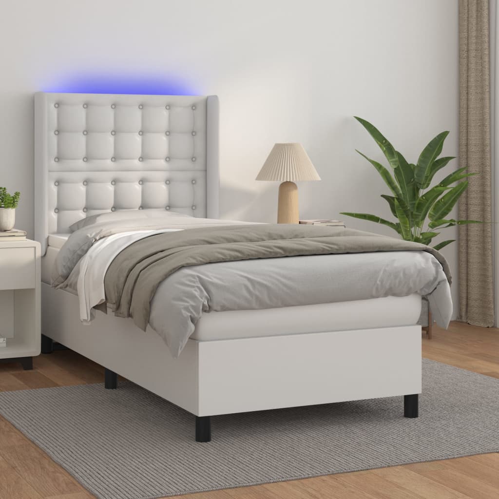 vidaXL Pat cu arcuri, saltea și LED, alb, 90x190 cm, piele ecologică vidaXL Pat cu arcuri, saltea și LED, alb, 90x190 cm, piele ecologică
