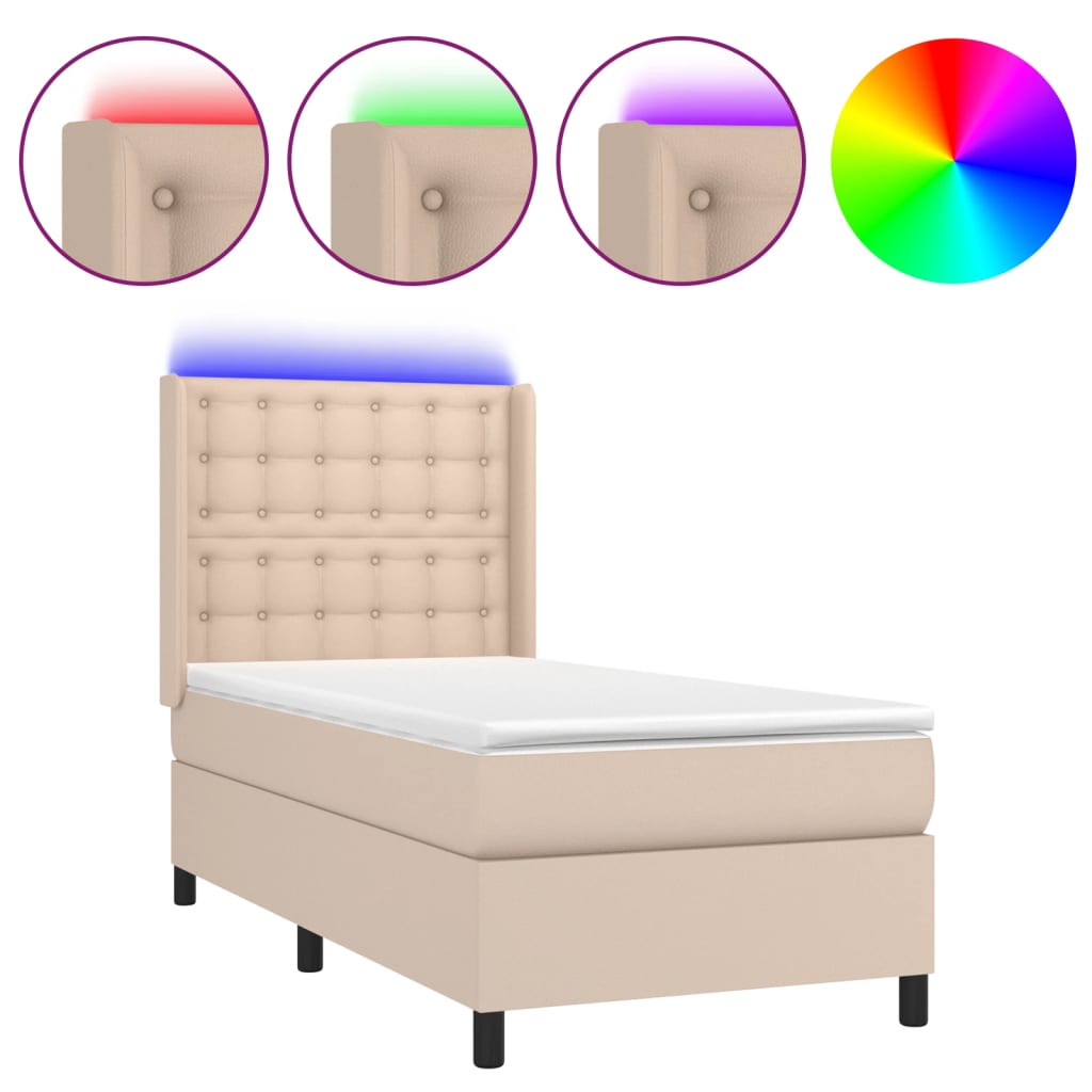 vidaXL Pat cu arcuri, cu saltea și LED cappuccino 90x190 cm, piele eco vidaXL Pat cu arcuri, cu saltea și LED cappuccino 90x190 cm, piele eco