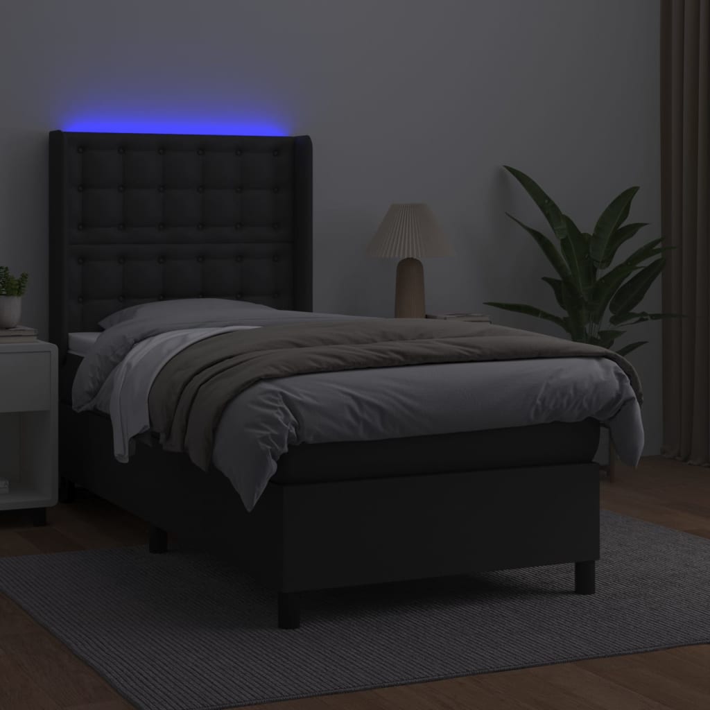 vidaXL Pat cu arcuri, saltea și LED, negru, 90x200 cm, piele ecologică