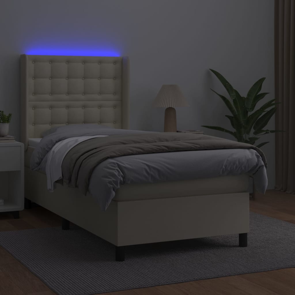 vidaXL Pat cu arcuri, saltea și LED, crem, 100x200 cm, piele ecologică