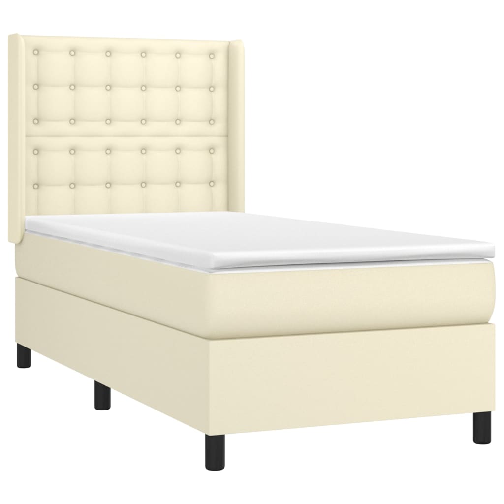 vidaXL Pat cu arcuri, saltea și LED, crem, 100x200 cm, piele ecologică