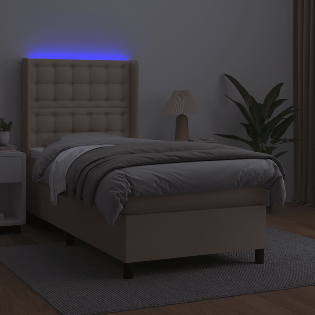 vidaXL Pat cu arcuri, cu saltea și LED cappuccino 100x200 cm piele eco vidaXL Pat cu arcuri, cu saltea și LED cappuccino 100x200 cm piele eco