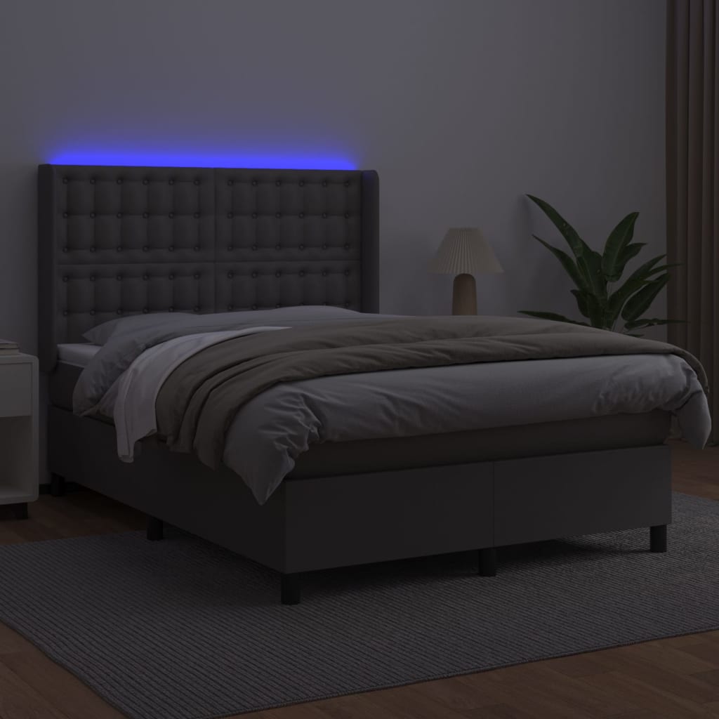vidaXL Pat cu arcuri, cu saltea & LED, gri, 140x190 cm, piele eco vidaXL Pat cu arcuri, cu saltea & LED, gri, 140x190 cm, piele eco