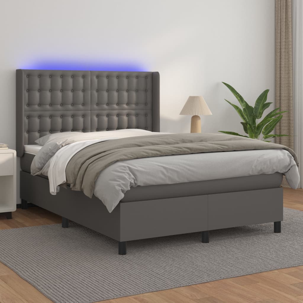 vidaXL Pat cu arcuri, cu saltea & LED, gri, 140x190 cm, piele eco vidaXL Pat cu arcuri, cu saltea & LED, gri, 140x190 cm, piele eco