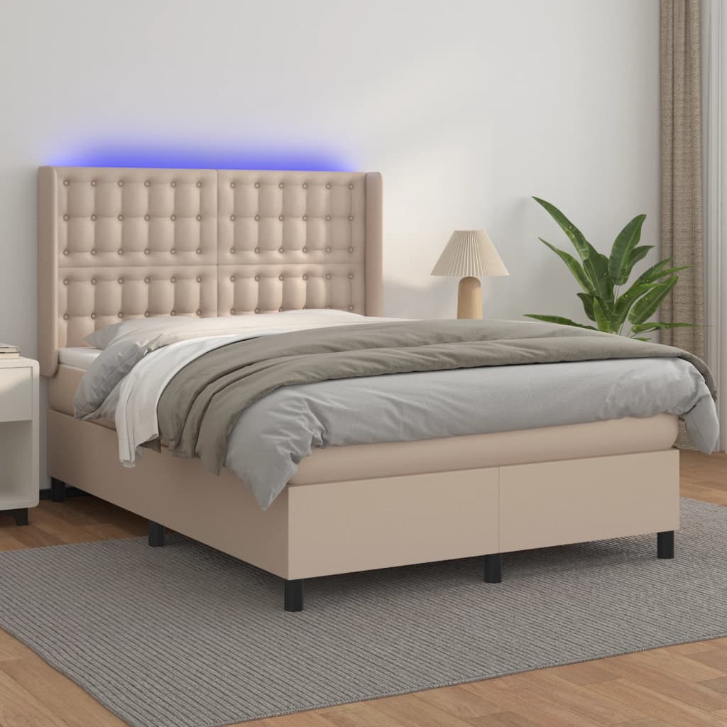 vidaXL Pat cu arcuri, cu saltea și LED cappuccino 140x190 cm piele eco vidaXL Pat cu arcuri, cu saltea și LED cappuccino 140x190 cm piele eco