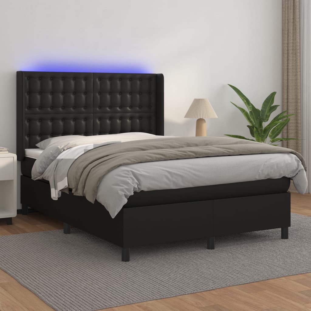 vidaXL Pat cu arcuri, saltea și LED, negru, 140x200 cm, piele eco vidaXL Pat cu arcuri, saltea și LED, negru, 140x200 cm, piele eco
