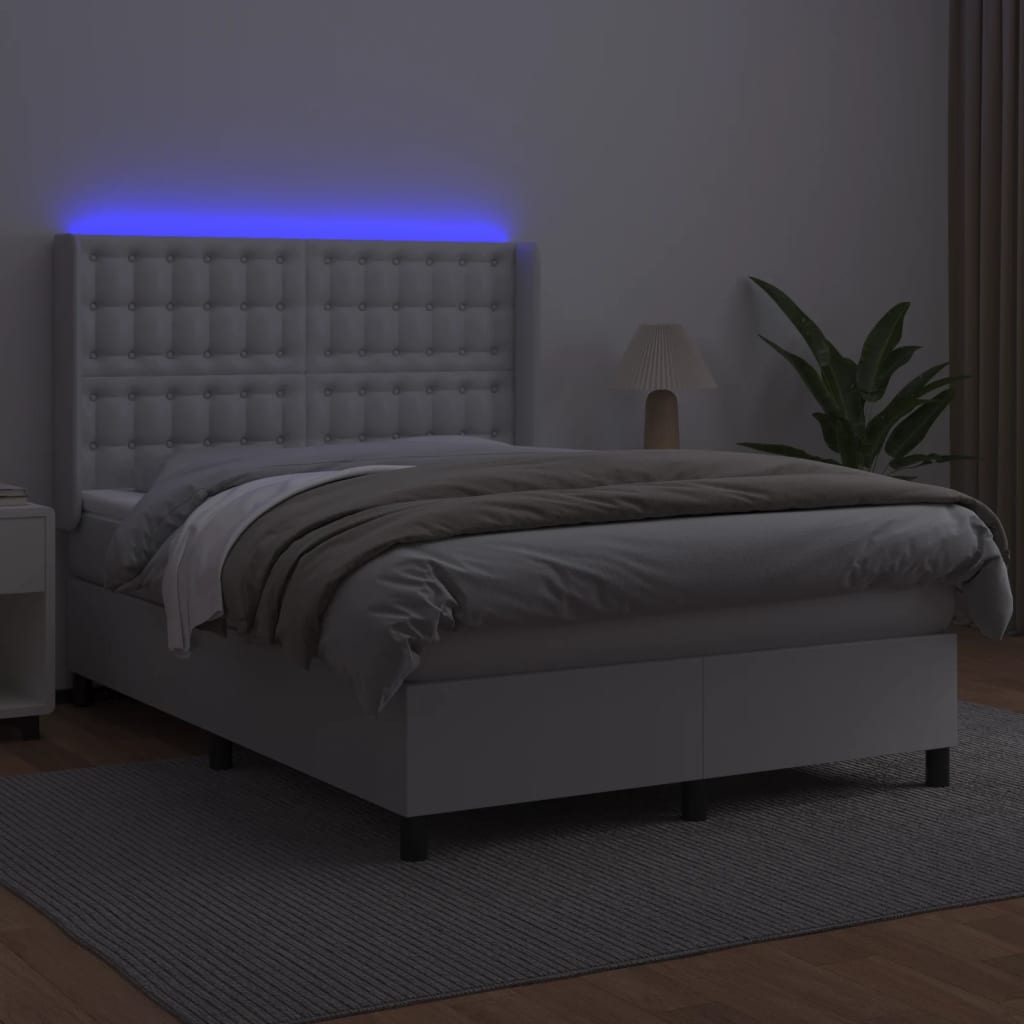 vidaXL Pat cu arcuri, saltea și LED, alb, 140x200 cm, piele eco