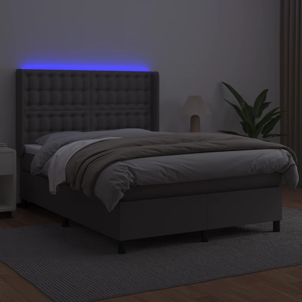vidaXL Pat cu arcuri, saltea și LED, gri, 140x200 cm, piele eco