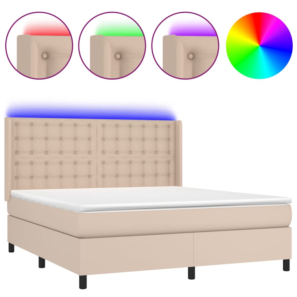 vidaXL Pat cu arcuri, cu saltea și LED, cappuccino 160x200cm piele eco vidaXL Pat cu arcuri, cu saltea și LED, cappuccino 160x200cm piele eco