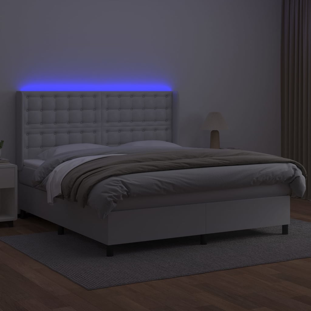 vidaXL Pat cu arcuri, saltea și LED, alb, 180x200 cm, piele ecologică