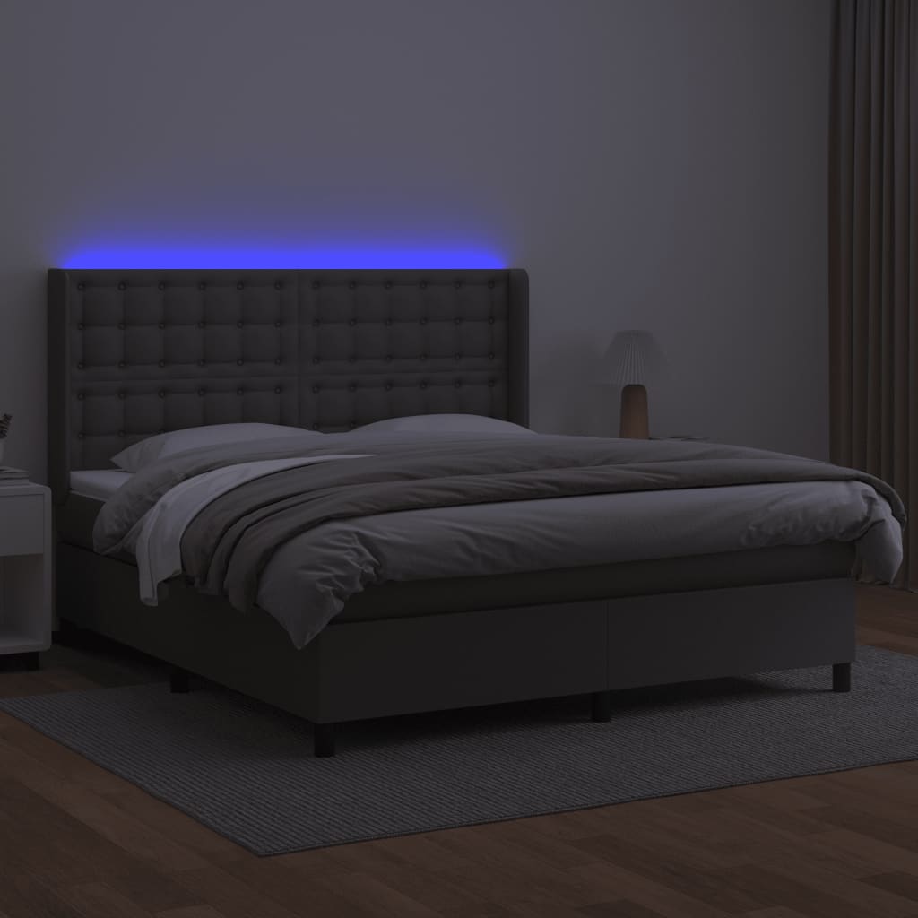 vidaXL Pat cu arcuri, saltea și LED, gri, 180x200 cm, piele ecologică