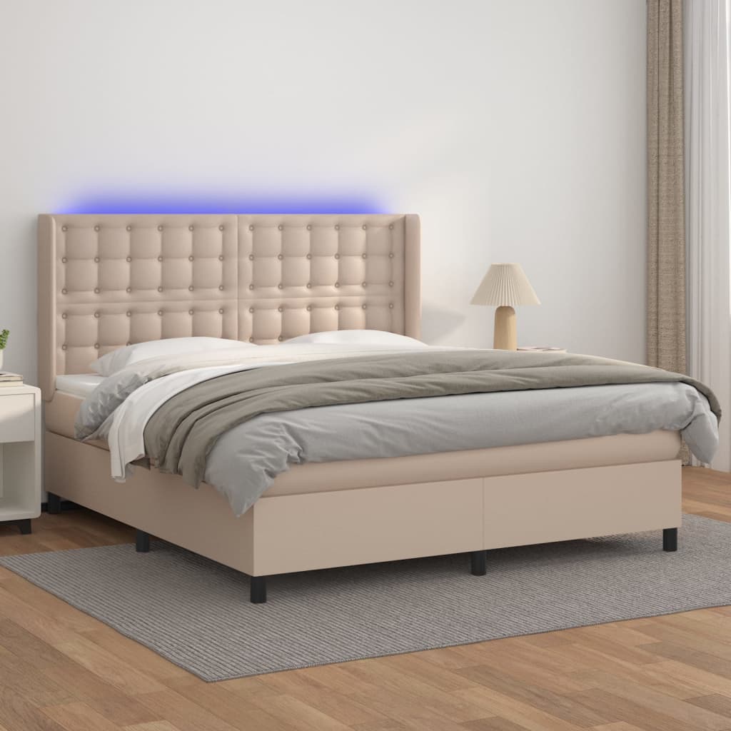 vidaXL Pat cu arcuri, cu saltea și LED cappuccino 180x200 cm piele eco vidaXL Pat cu arcuri, cu saltea și LED cappuccino 180x200 cm piele eco