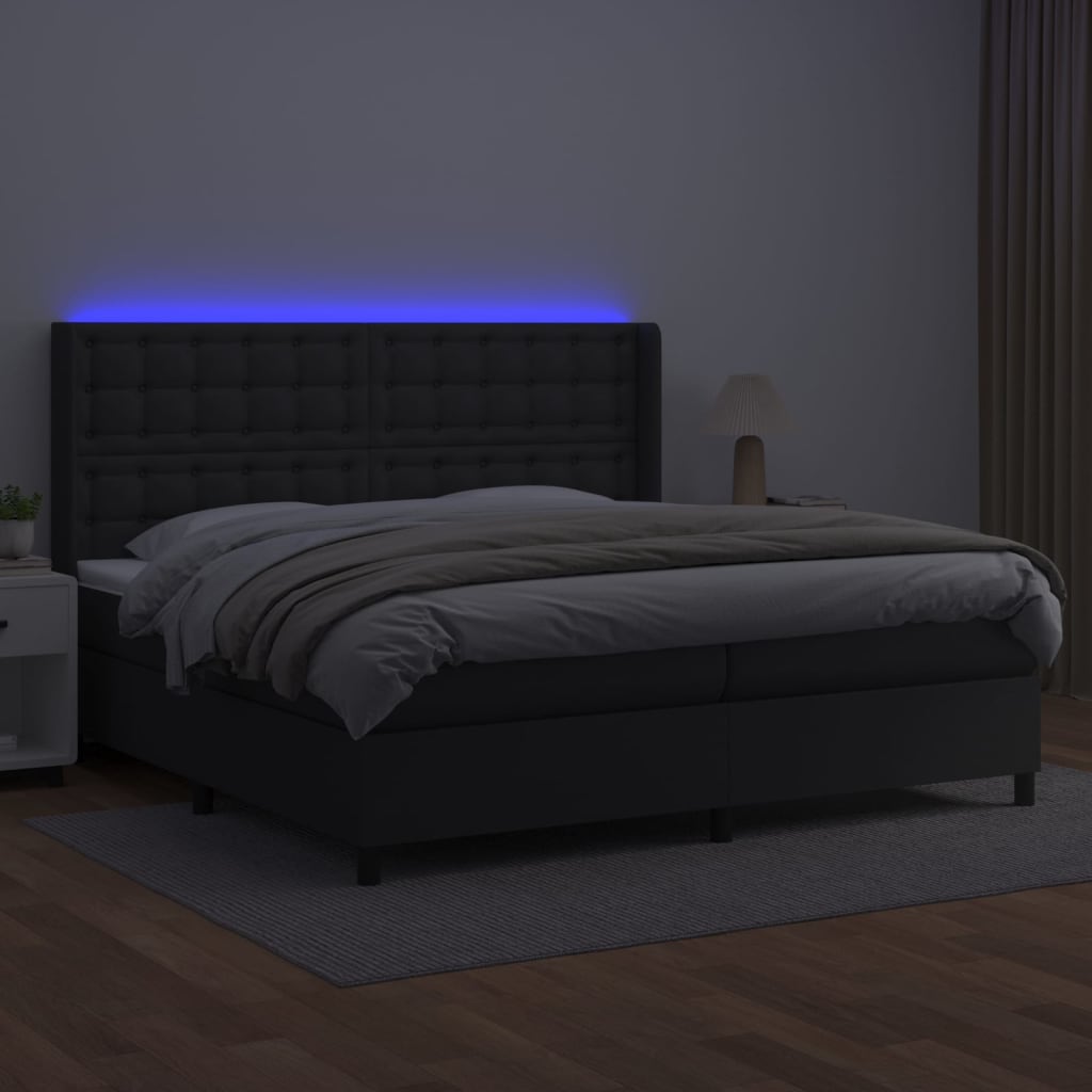 vidaXL Pat cu arcuri, saltea și LED, negru, 200x200cm, piele ecologică