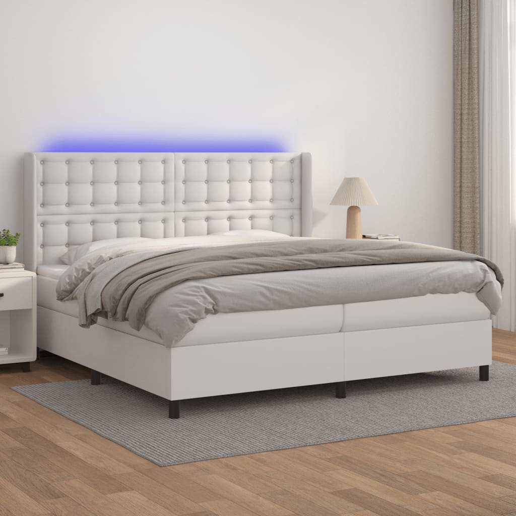 vidaXL Pat cu arcuri, saltea și LED, alb, 200x200 cm, piele ecologică vidaXL Pat cu arcuri, saltea și LED, alb, 200x200 cm, piele ecologică