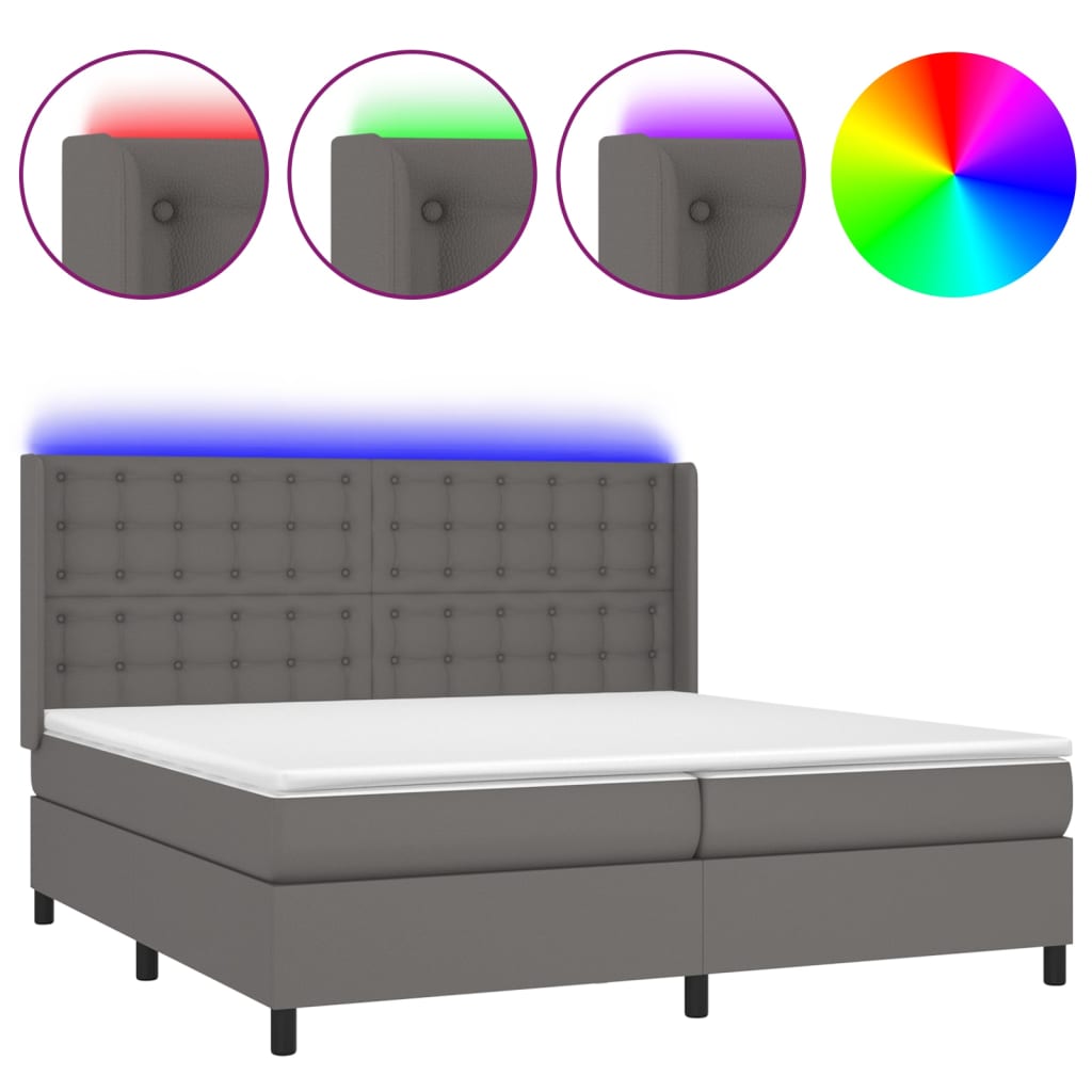 vidaXL Pat cu arcuri, saltea și LED, gri, 200x200 cm, piele ecologică