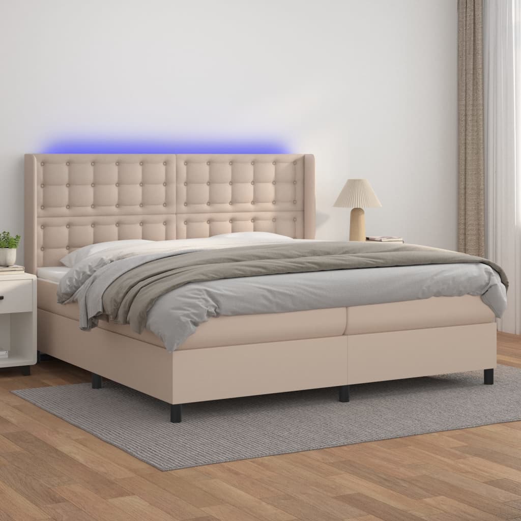 vidaXL Pat cu arcuri, cu saltea și LED cappuccino 200x200 cm piele eco vidaXL Pat cu arcuri, cu saltea și LED cappuccino 200x200 cm piele eco