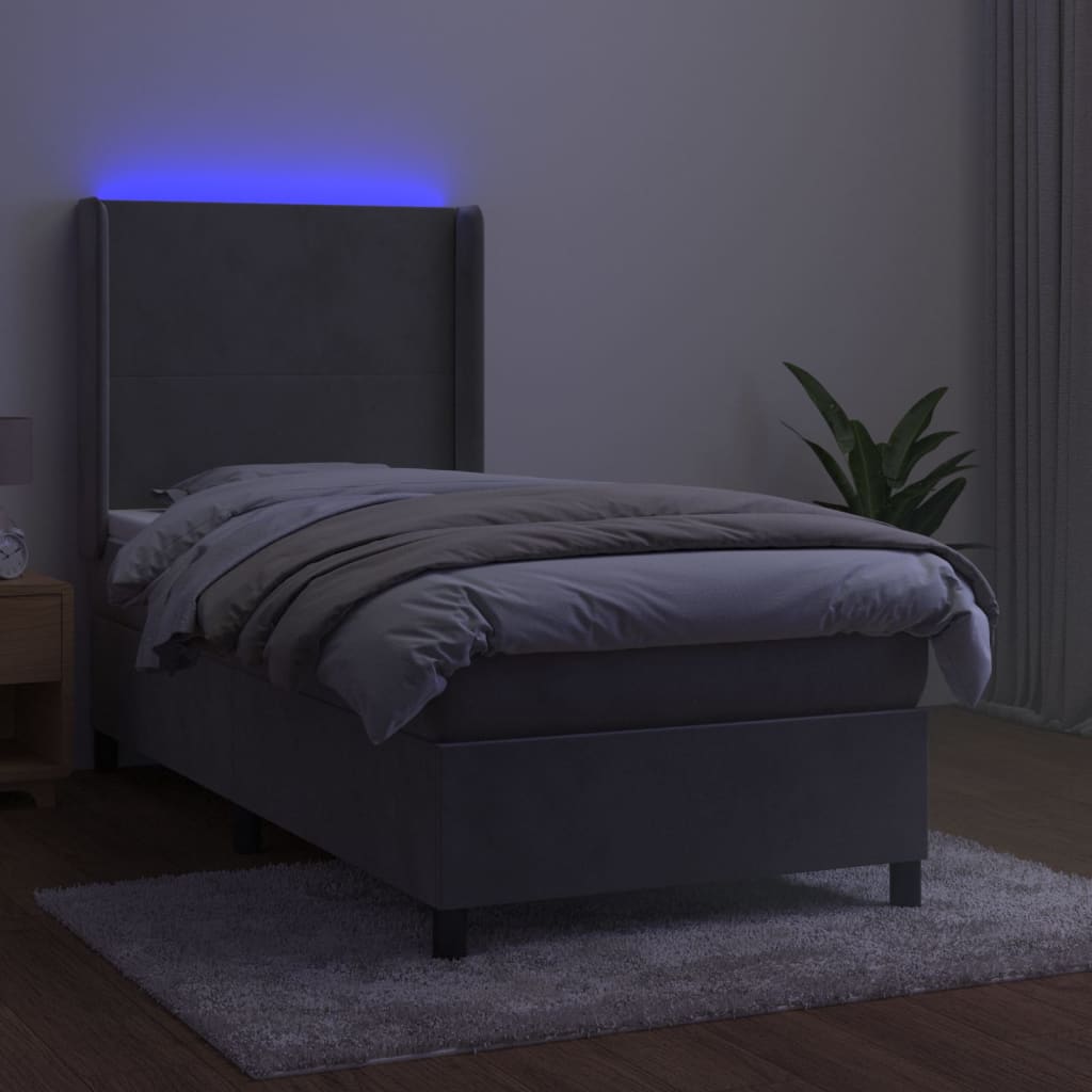 vidaXL Pat cu arcuri, saltea și LED, gri deschis, 90x200 cm, catifea