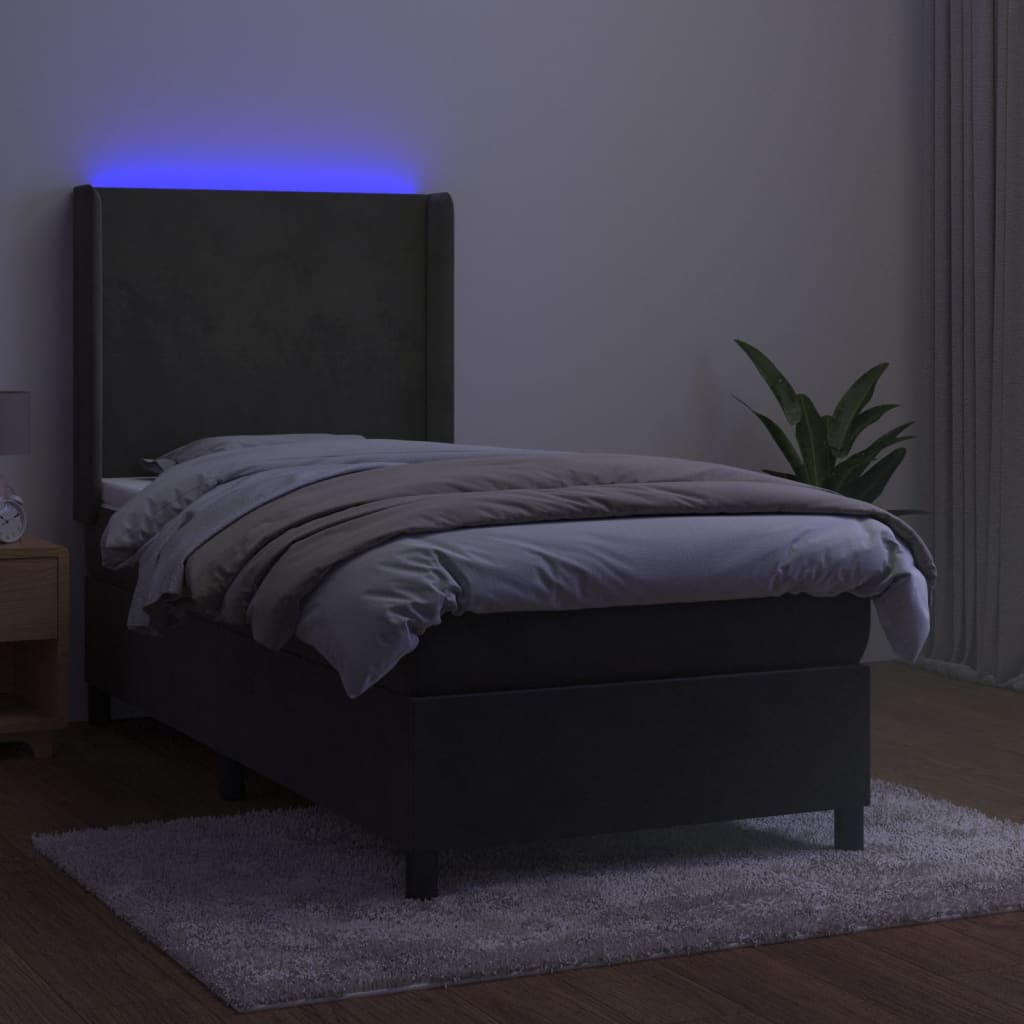 vidaXL Pat cu arcuri, saltea și LED, gri închis, 90x200 cm, catifea