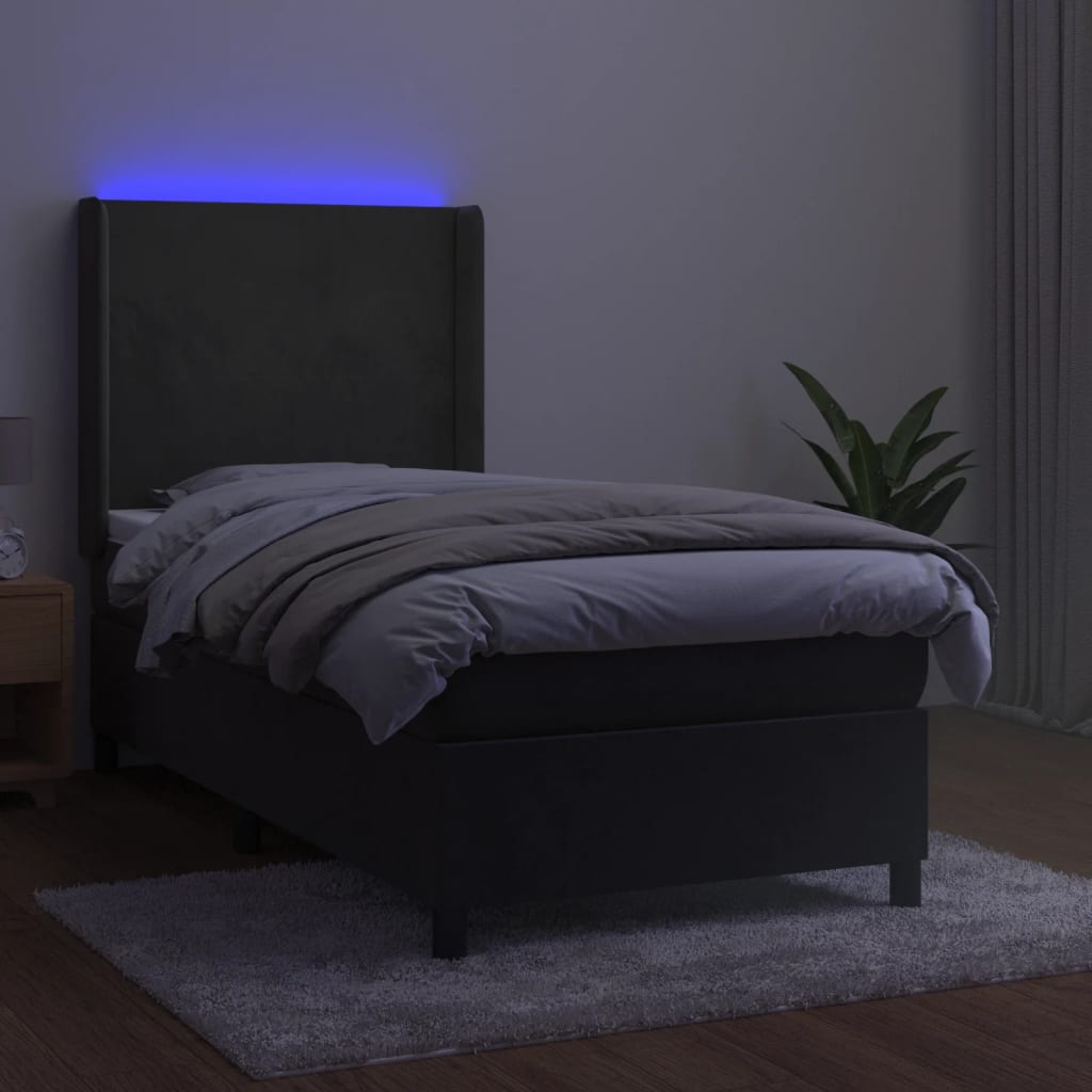 vidaXL Pat cu arcuri, saltea și LED, gri închis, 100x200 cm, catifea