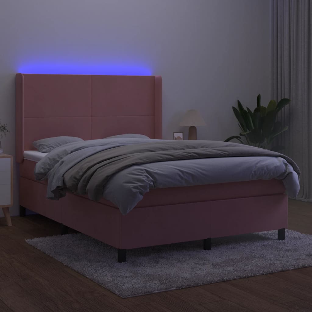 vidaXL Pat cu arcuri, cu saltea și LED, roz, 140x190 cm catifea