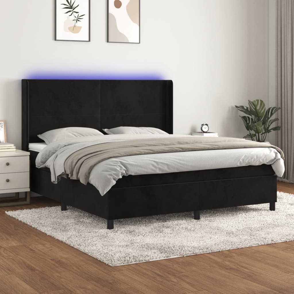 vidaXL Pat cu arcuri, saltea și LED, negru, 160x200 cm, catifea vidaXL Pat cu arcuri, saltea și LED, negru, 160x200 cm, catifea