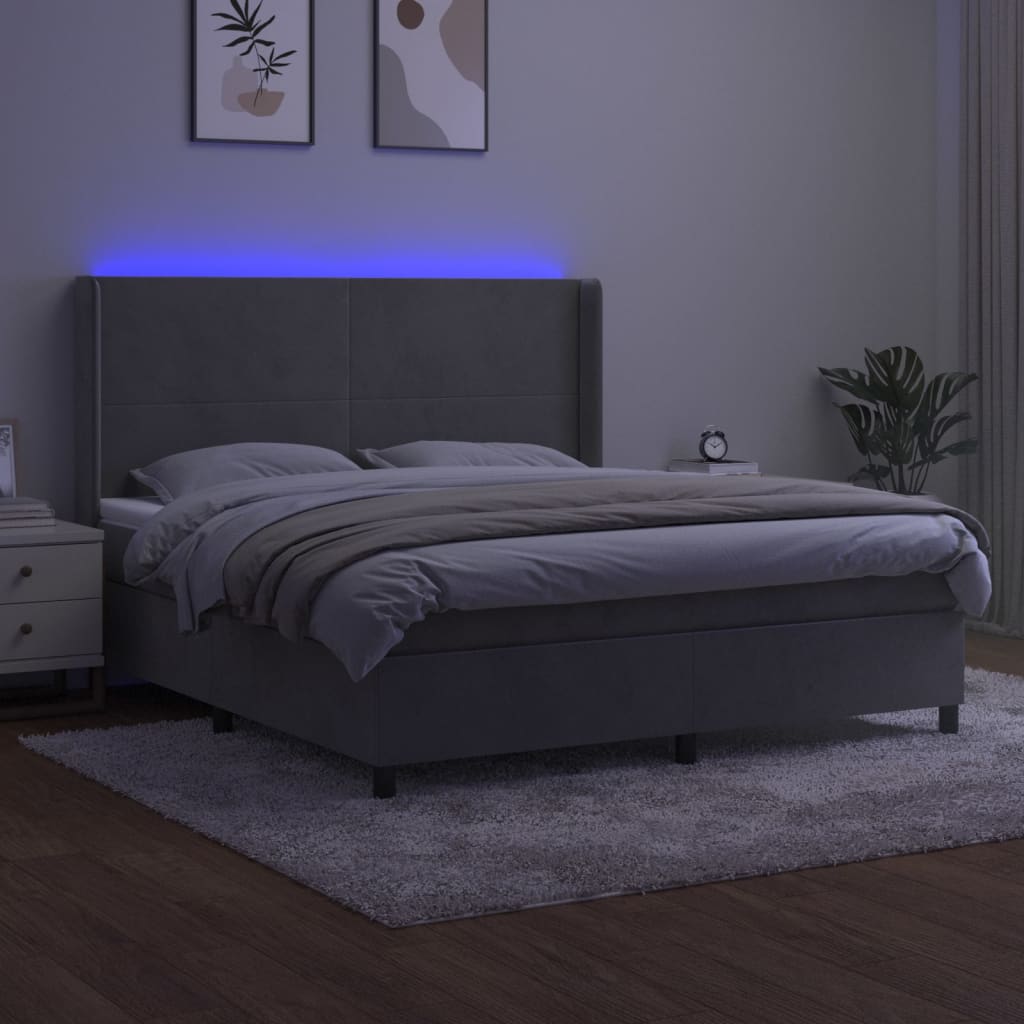 vidaXL Pat cu arcuri, saltea și LED, gri deschis, 180x200 cm, catifea