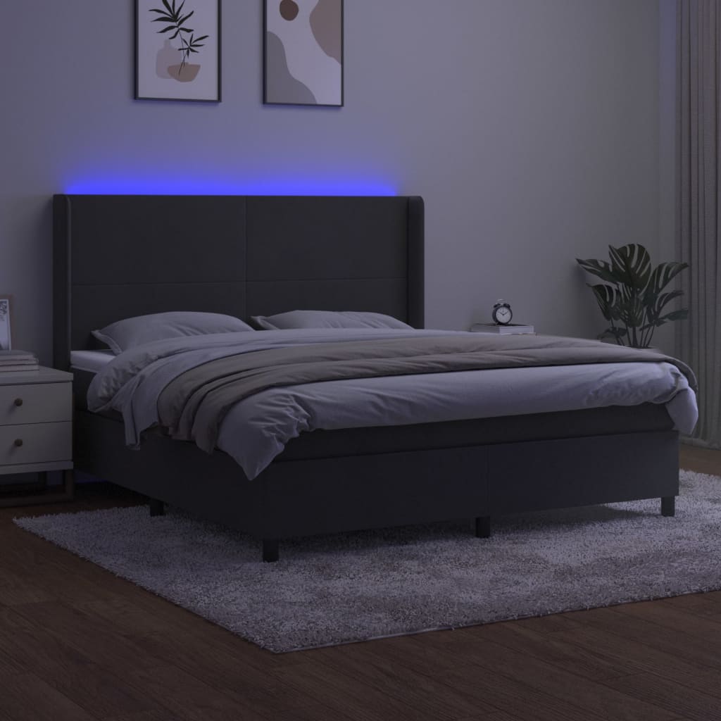 vidaXL Pat cu arcuri, saltea și LED, gri închis, 180x200 cm, catifea