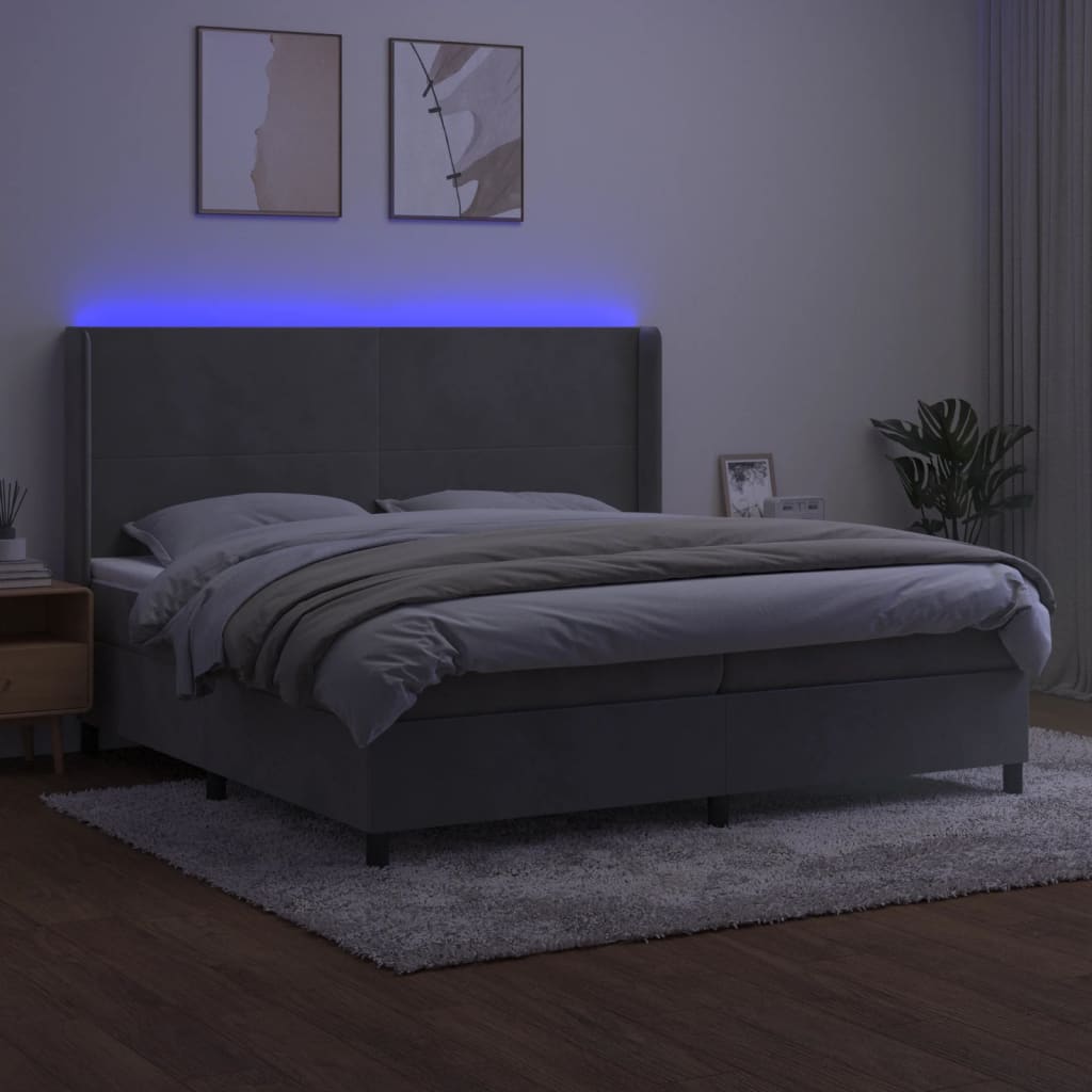 vidaXL Pat cu arcuri, saltea și LED, gri deschis, 200x200 cm, catifea