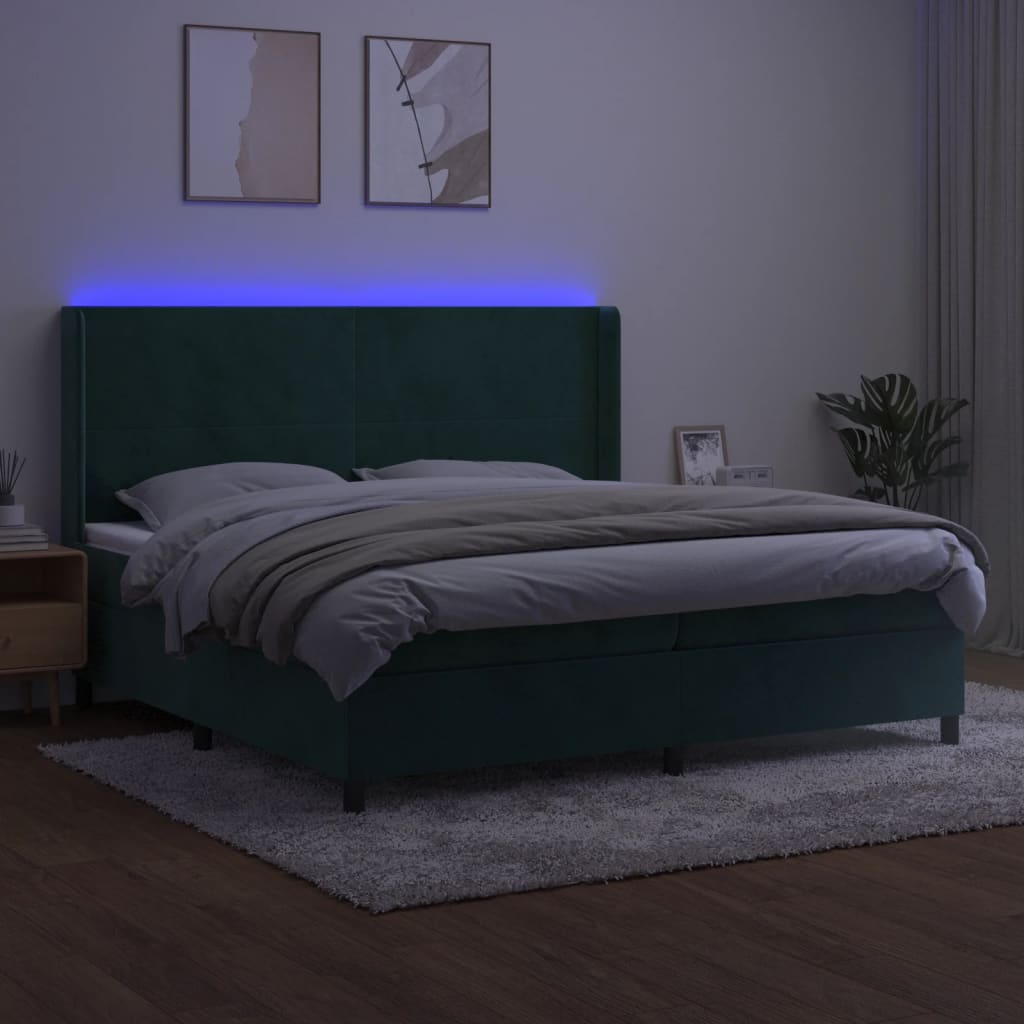 vidaXL Pat cu arcuri, saltea și LED, verde închis, 200x200 cm, catifea vidaXL Pat cu arcuri, saltea și LED, verde închis, 200x200 cm, catifea