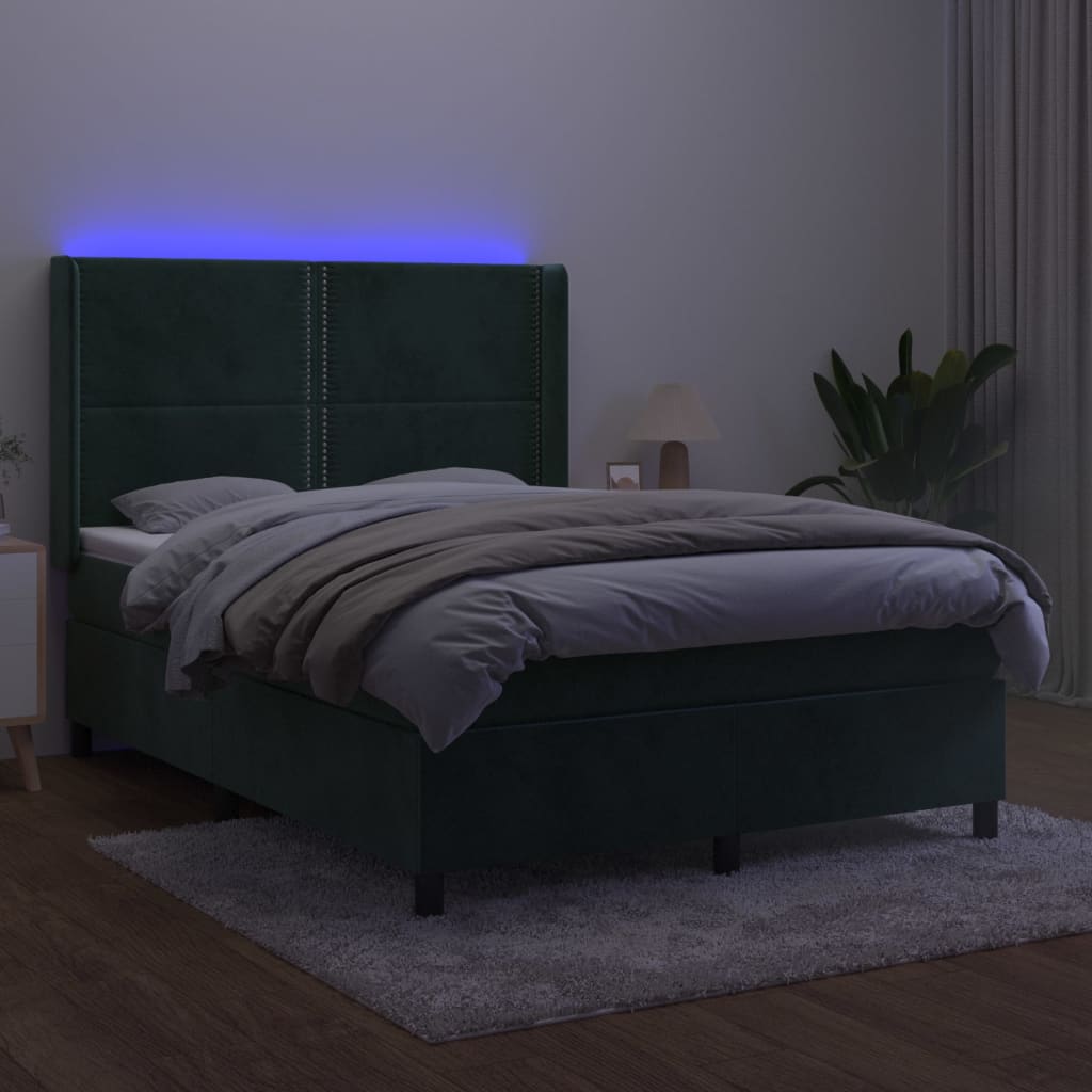 vidaXL Pat cu arcuri, saltea și LED, verde închis, 140x190 cm, catifea vidaXL Pat cu arcuri, saltea și LED, verde închis, 140x190 cm, catifea