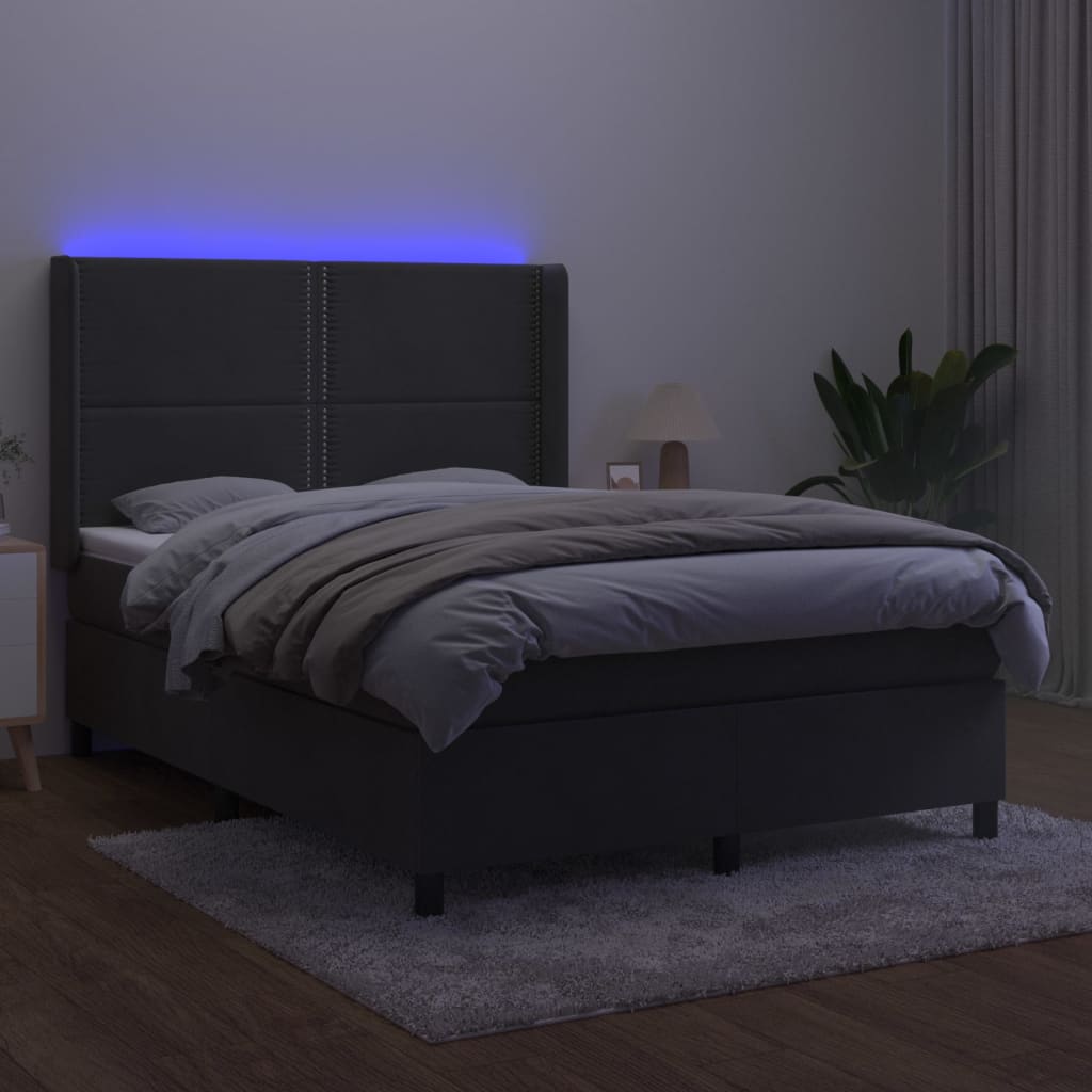 vidaXL Pat cu arcuri, saltea și LED, gri închis, 140x200 cm, catifea