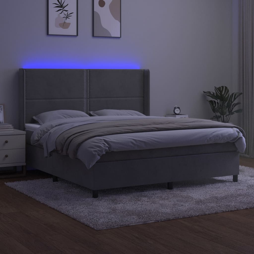 vidaXL Pat cu arcuri, saltea și LED, gri deschis, 160x200 cm, catifea