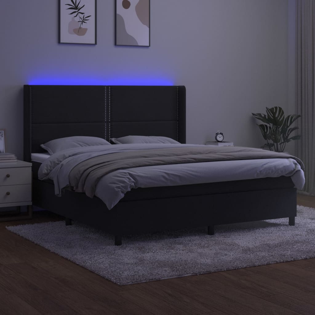 vidaXL Pat cu arcuri, saltea și LED, negru, 180x200 cm, catifea