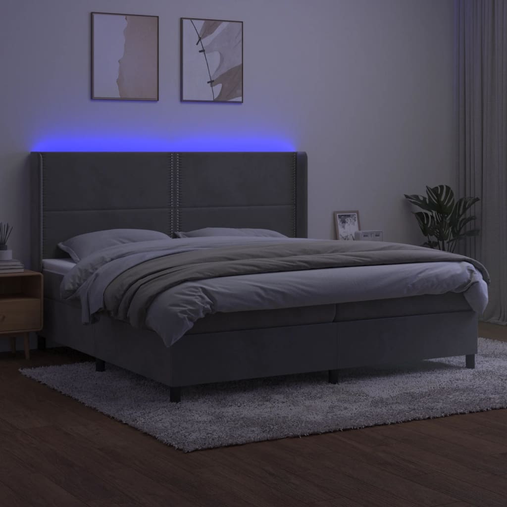 vidaXL Pat cu arcuri, saltea și LED, gri deschis, 200x200 cm, catifea